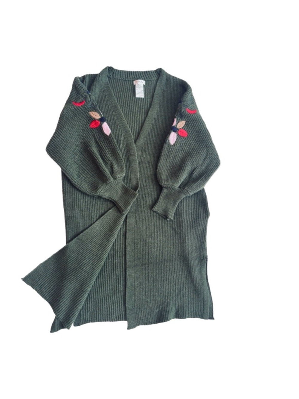 #84 LILY SKY ~ Green 3/4 Sleeve Long Cardigan Sweater Embroidered Floral Accents